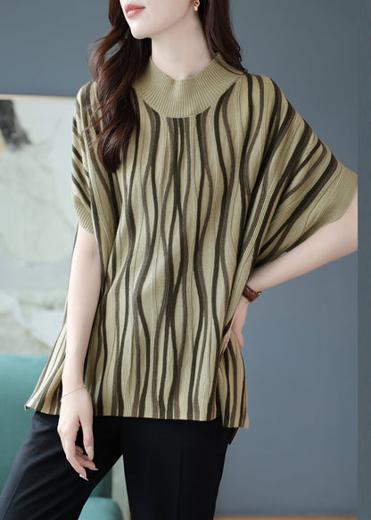 Novelty Khaki O-neck Striped Patchwork Cozy Knit Sweaters Fall