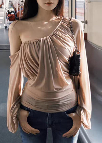 Novelty Khaki One Shoulder Wrinkled Tulle Tops Lantern Sleeve