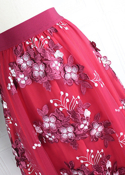 Novelty Mulberry Embroideried Elastic Waist Tulle a Line Skirt Spring