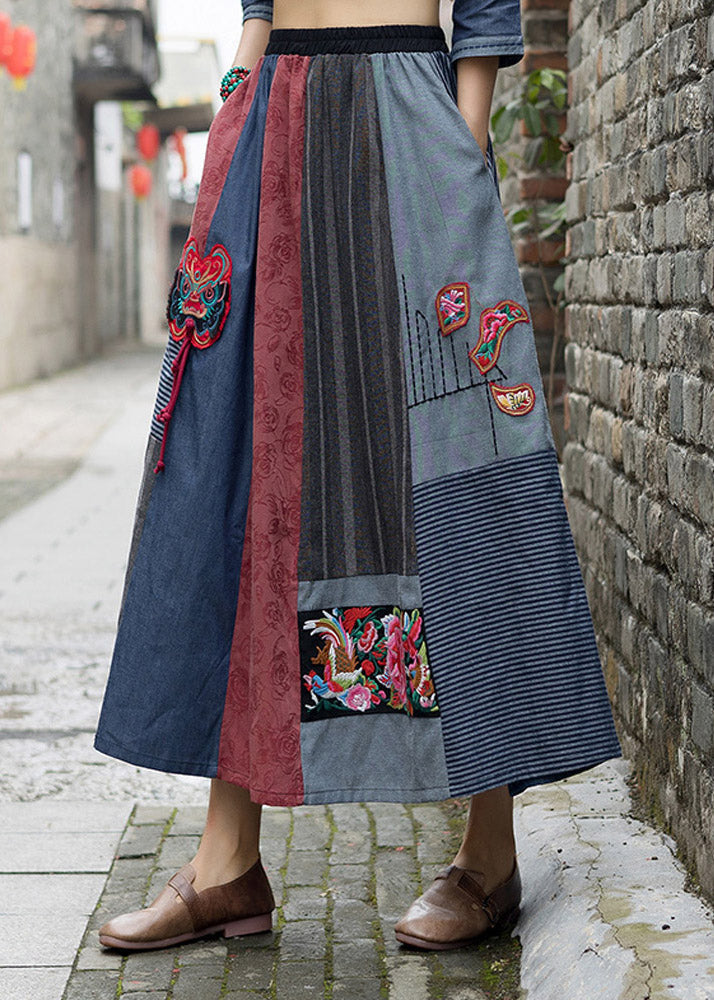 Novelty Navy Blue Print Patchwork Embroideried Tassel High Waist Maxi Skirts