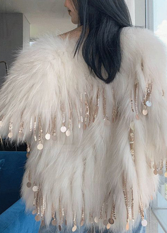 Novelty Pink Fox Collar Tassel Leather and Fur Coats Winter