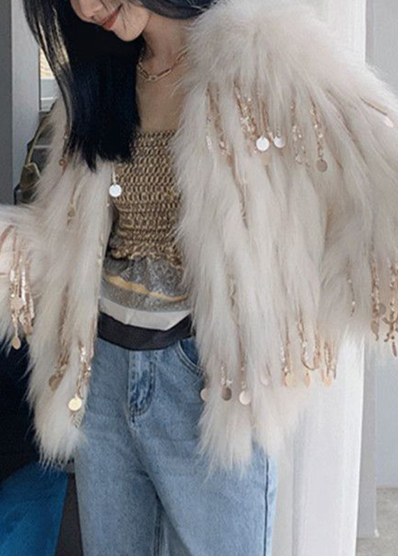 Novelty Pink Fox Collar Tassel Leather and Fur Coats Winter