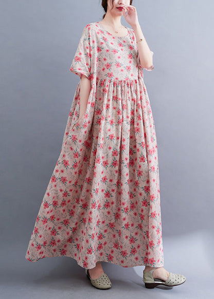 Novelty Pink O-neck Patchwork Print Cotton Maxi Dresses Summer