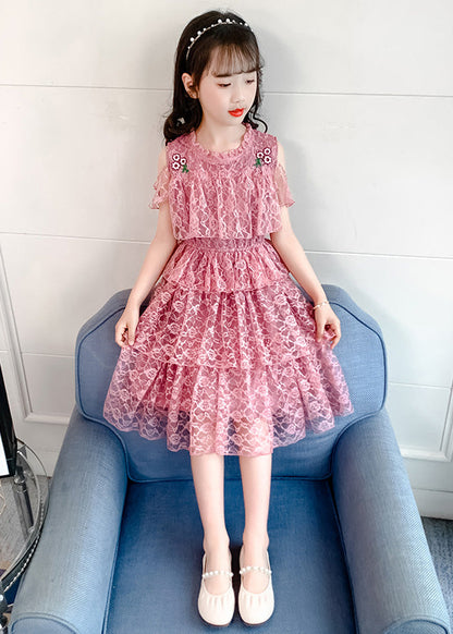 Novelty Pink O-neck Ruffled Patchwork Long Dresses Short Sleeve