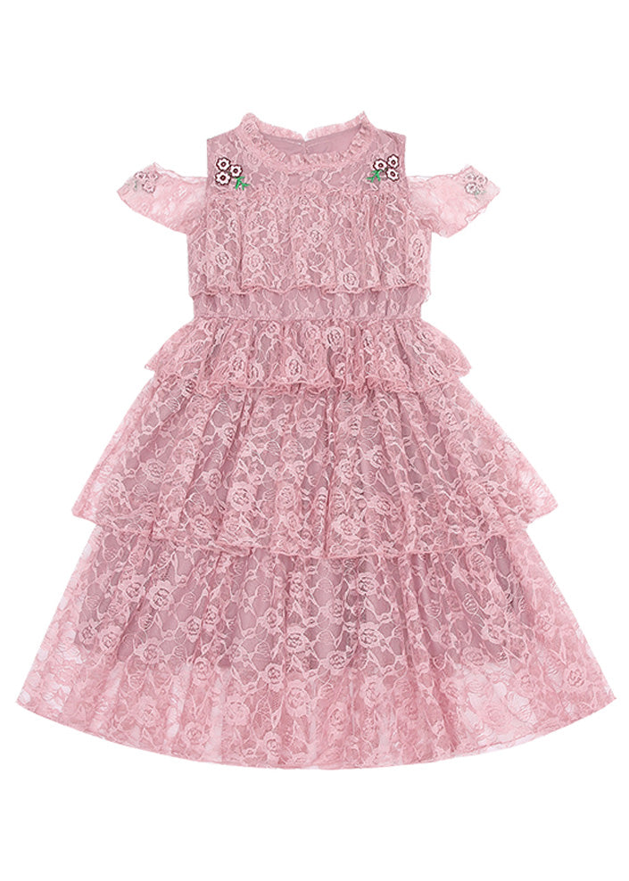 Novelty Pink O-neck Ruffled Patchwork Long Dresses Short Sleeve