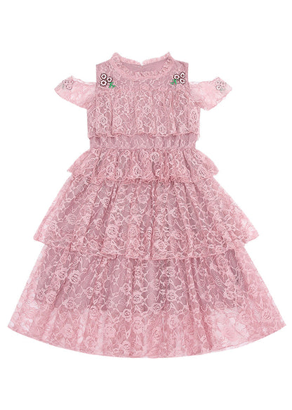 Novelty Pink O-neck Ruffled Patchwork Long Dresses Short Sleeve