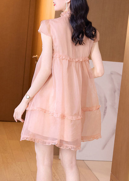 Novelty Pink Ruffled Patchwork Nail Bead Tulle Mid Dress Summer