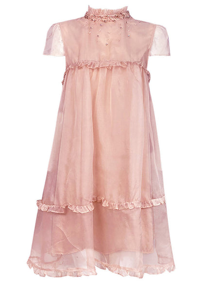 Novelty Pink Ruffled Patchwork Nail Bead Tulle Mid Dress Summer