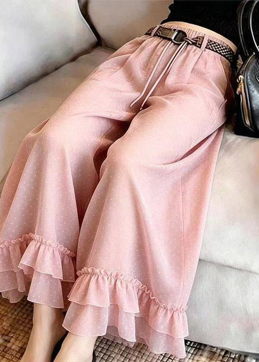 Novelty Pink Ruffled Print Chiffon Crop Pants Summer