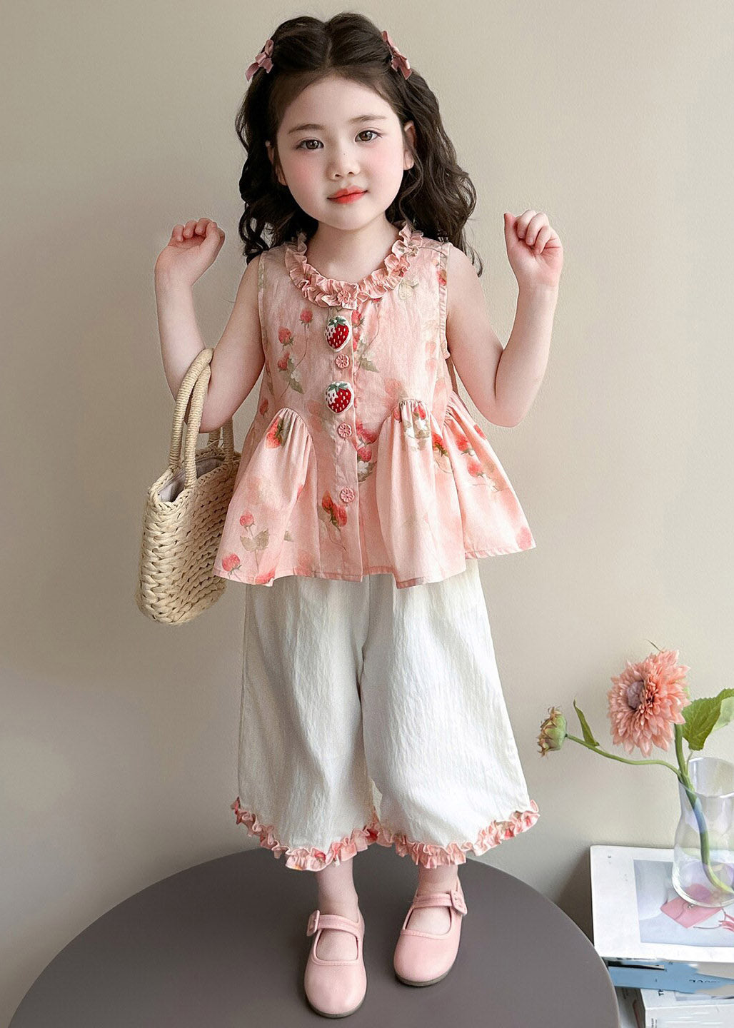 Novelty Pink Ruffled Wrinkled Print Kids Top and Crop Pants Two Piece Set Sleeveless