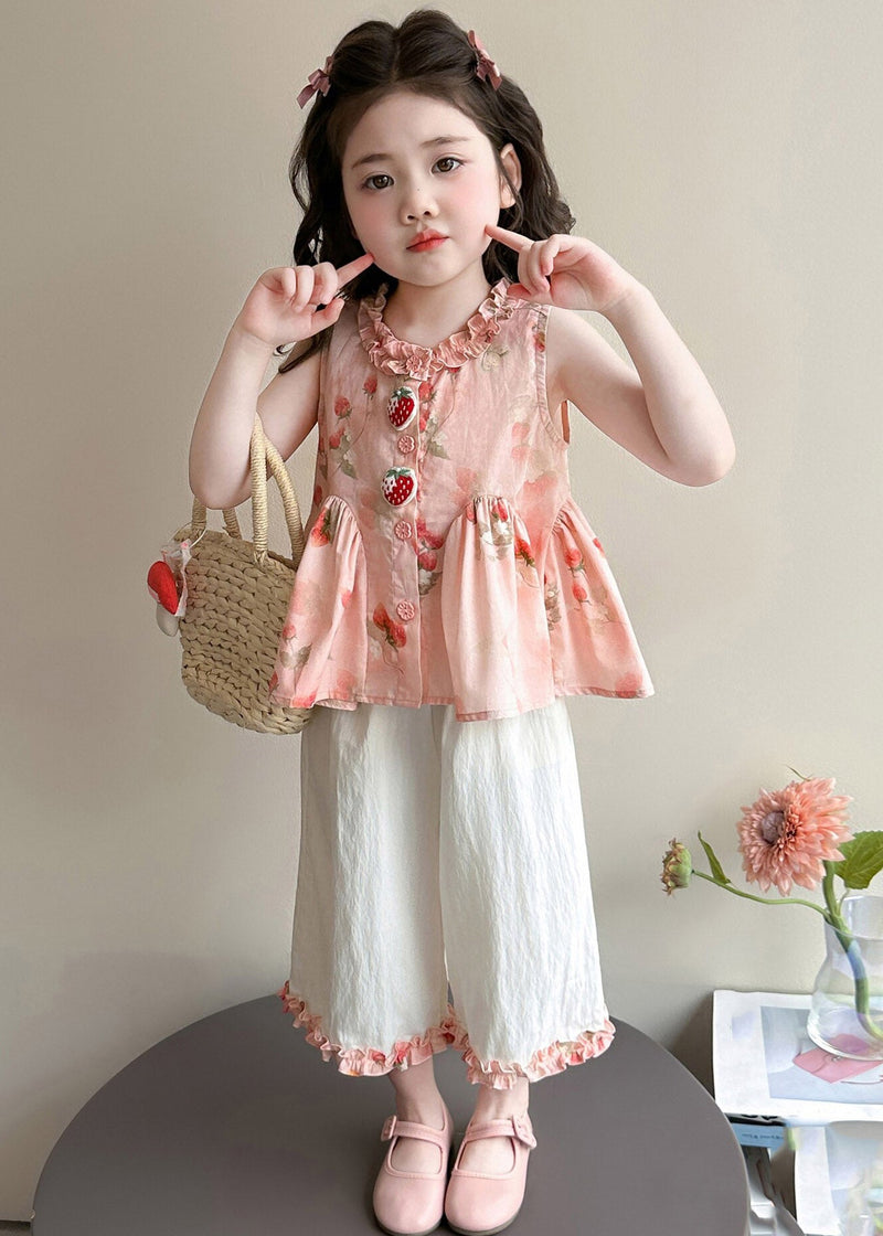 Novelty Pink Ruffled Wrinkled Print Kids Top and Crop Pants Two Piece Set Sleeveless