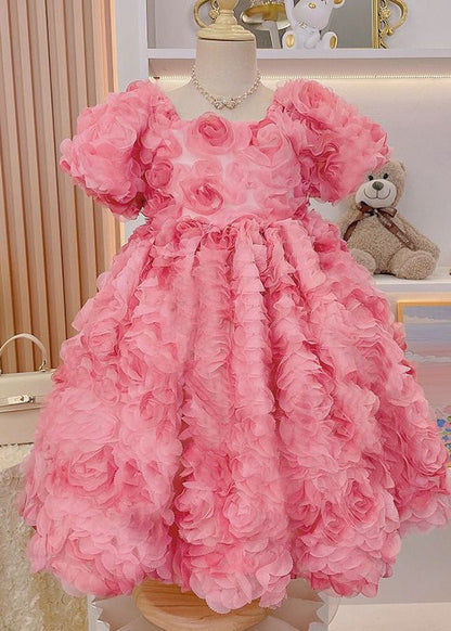 Novelty Pink Square Collar Patchwork Tulle Long Dress Short Sleeve