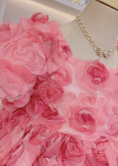 Novelty Pink Square Collar Patchwork Tulle Long Dress Short Sleeve