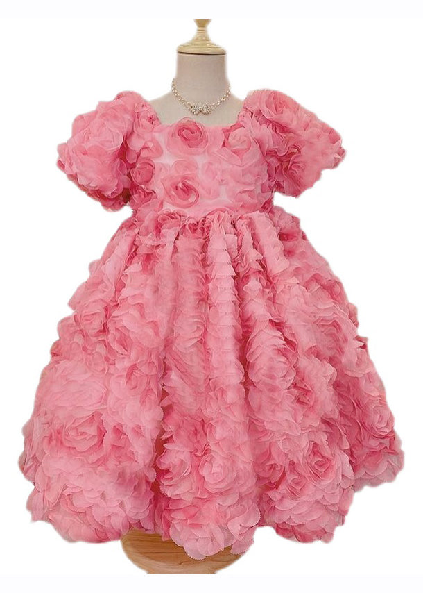 Novelty Pink Square Collar Patchwork Tulle Long Dress Short Sleeve