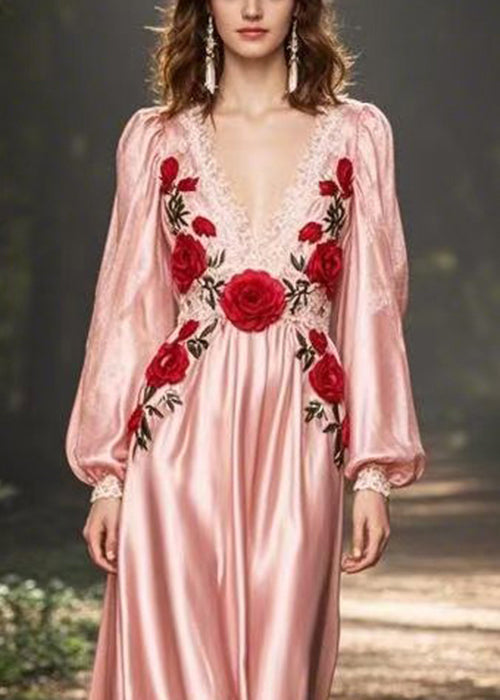 Novelty Pink V Neck Patchwork Silk Long Dress Spring