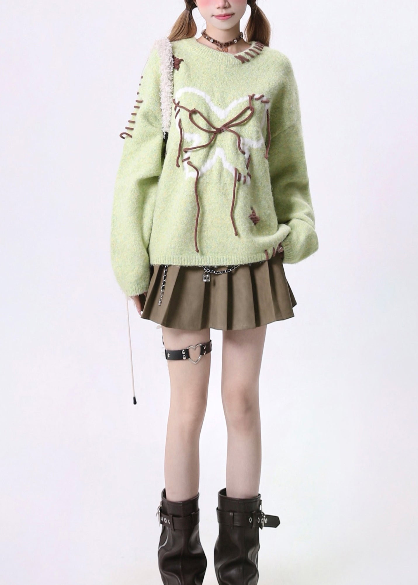 Novelty Green O Neck Lace Up Knit Sweaters Spring