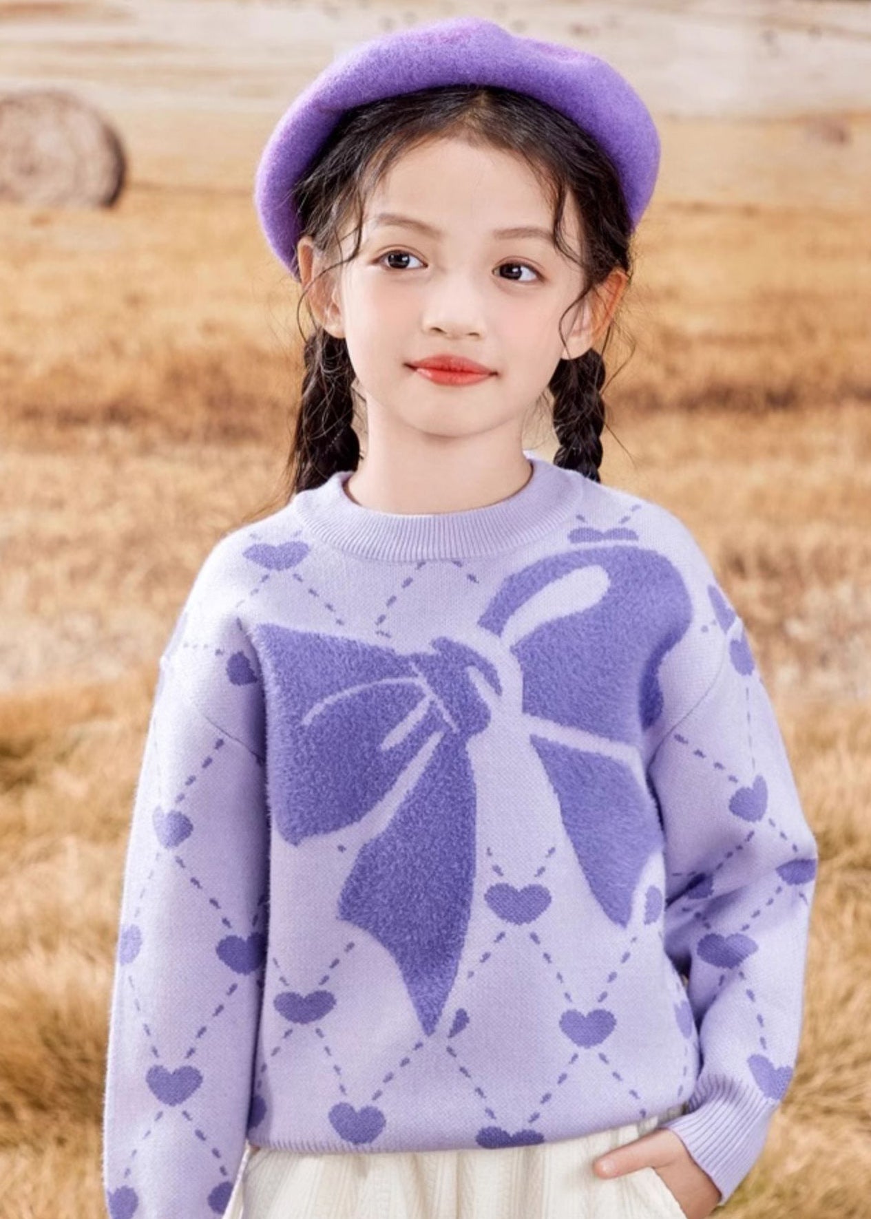 Novelty Purple O-neck Print Cotton Knit Sweater Spring