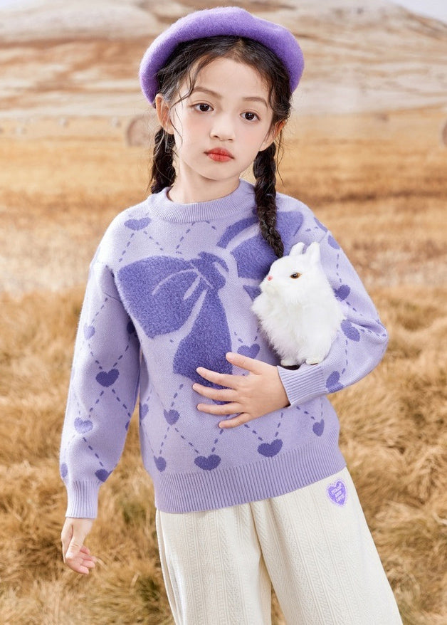 Novelty Purple O-neck Print Cotton Knit Sweater Spring