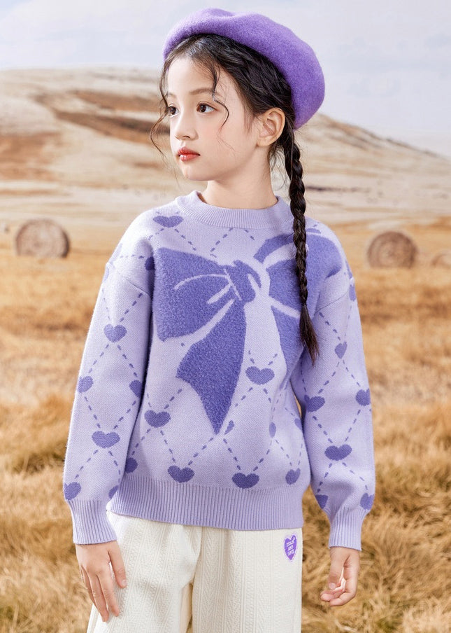 Novelty Purple O-neck Print Cotton Knit Sweater Spring