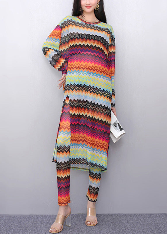 Novelty Rainbow Striped Tulle Long Dress and Pants Two Pieces Set Fall