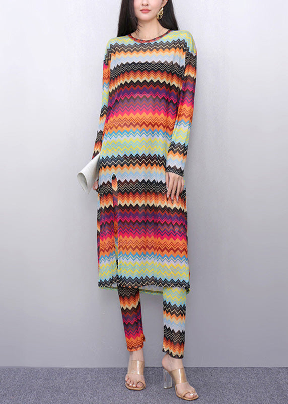 Novelty Rainbow Striped Tulle Long Dress and Pants Two Pieces Set Fall