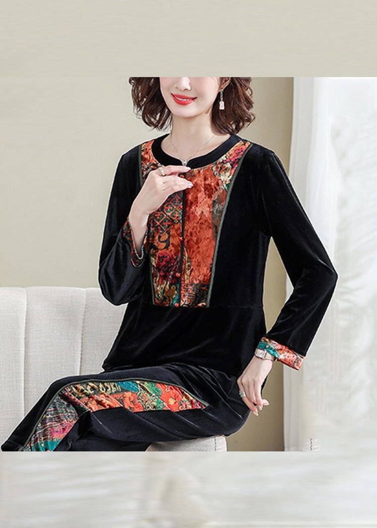 Novelty Red O-neck Print Silk Velour Top and Crop Pants Two Pieces Set Long Sleeve