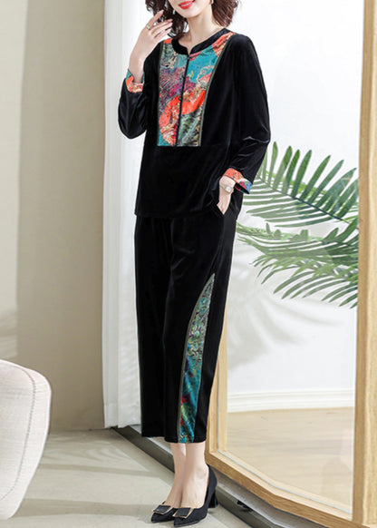 Novelty Red O-neck Print Silk Velour Top and Crop Pants Two Pieces Set Long Sleeve