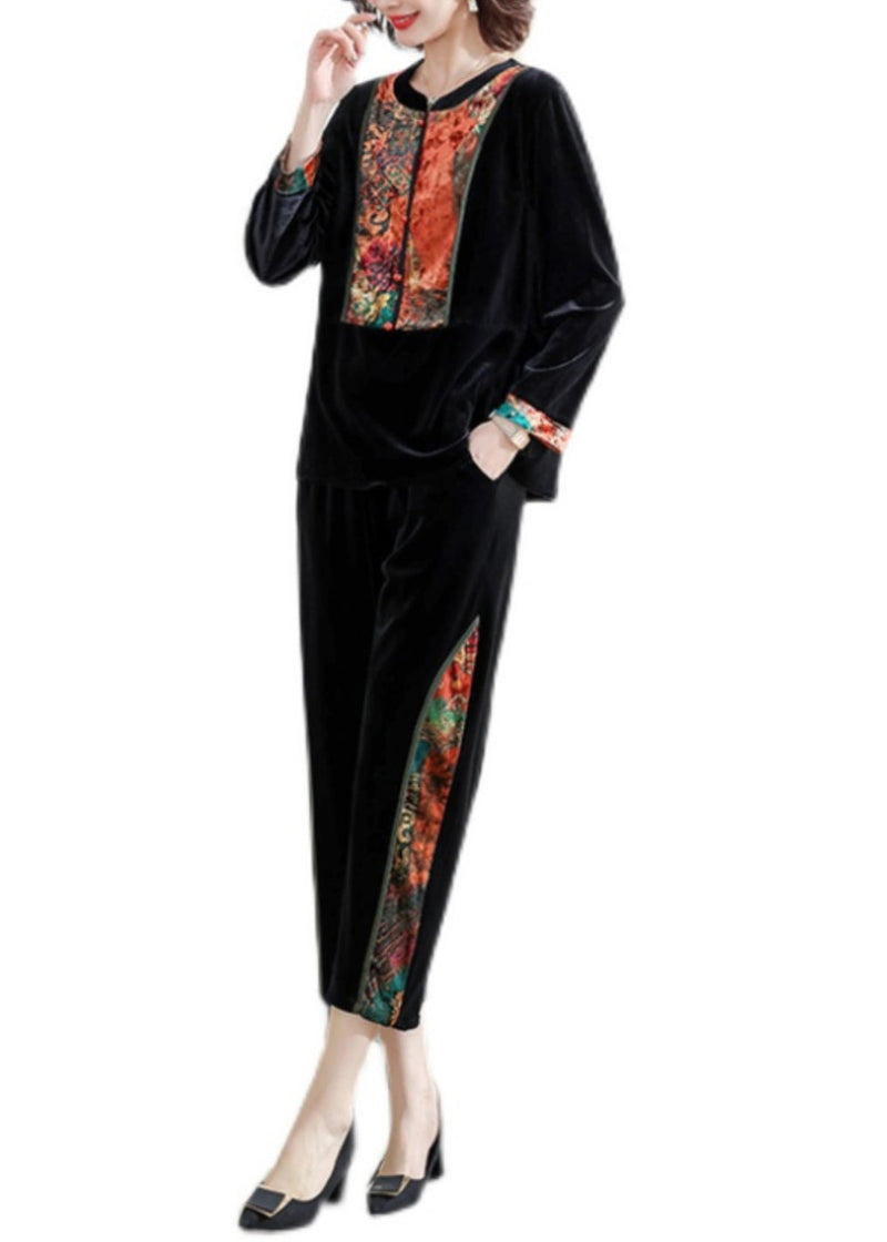 Novelty Red O-neck Print Silk Velour Top and Crop Pants Two Pieces Set Long Sleeve