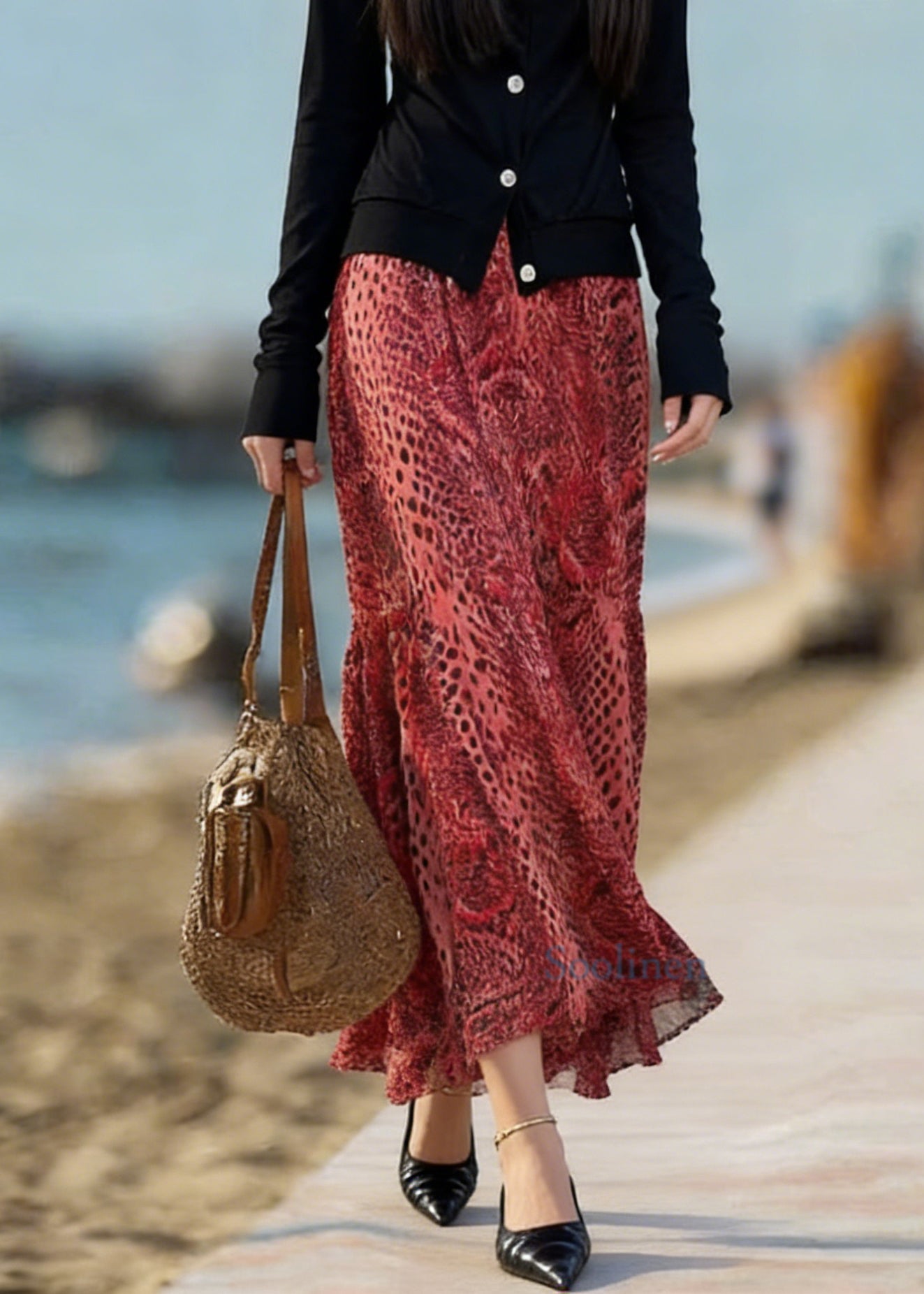 Novelty Red Print High Waist a Line Skirt Spring