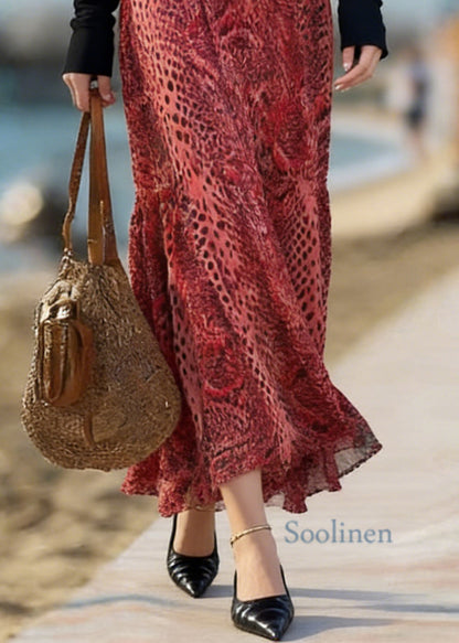 Novelty Red Print High Waist a Line Skirt Spring