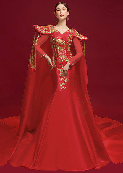 Novelty Red Tasseled Embroidered Patchwork Silk Party Dress Fall