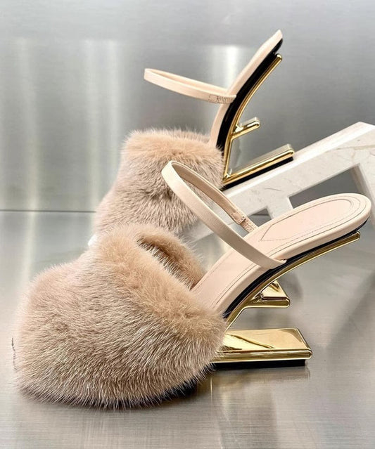 Novelty Apricot Mink Hair Slide Sandals Alien Heel