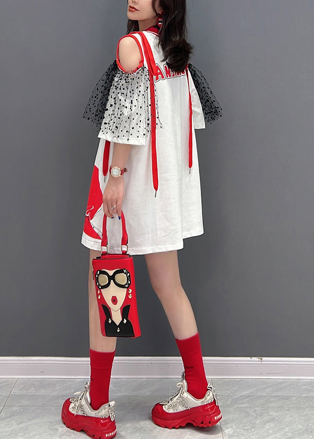 Novelty White O-neck Tulle Patchwork Belle Mid Dress Half Sleeve