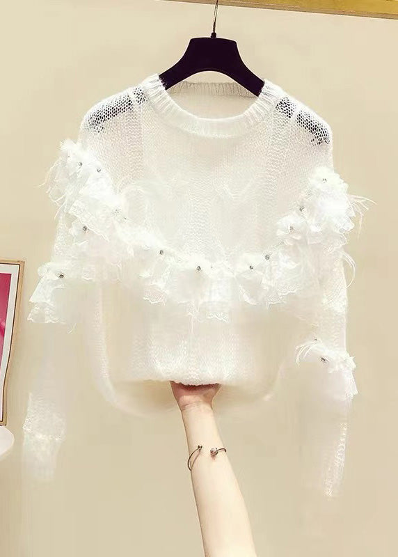 Novelty White Patchwork Nail Bead Knit Sweaters Spring