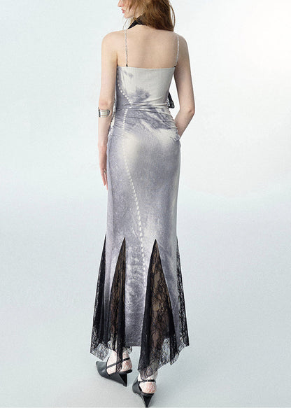 Novelty White Print Zircon Lace Patchwork Maxi Dress Sleeveless