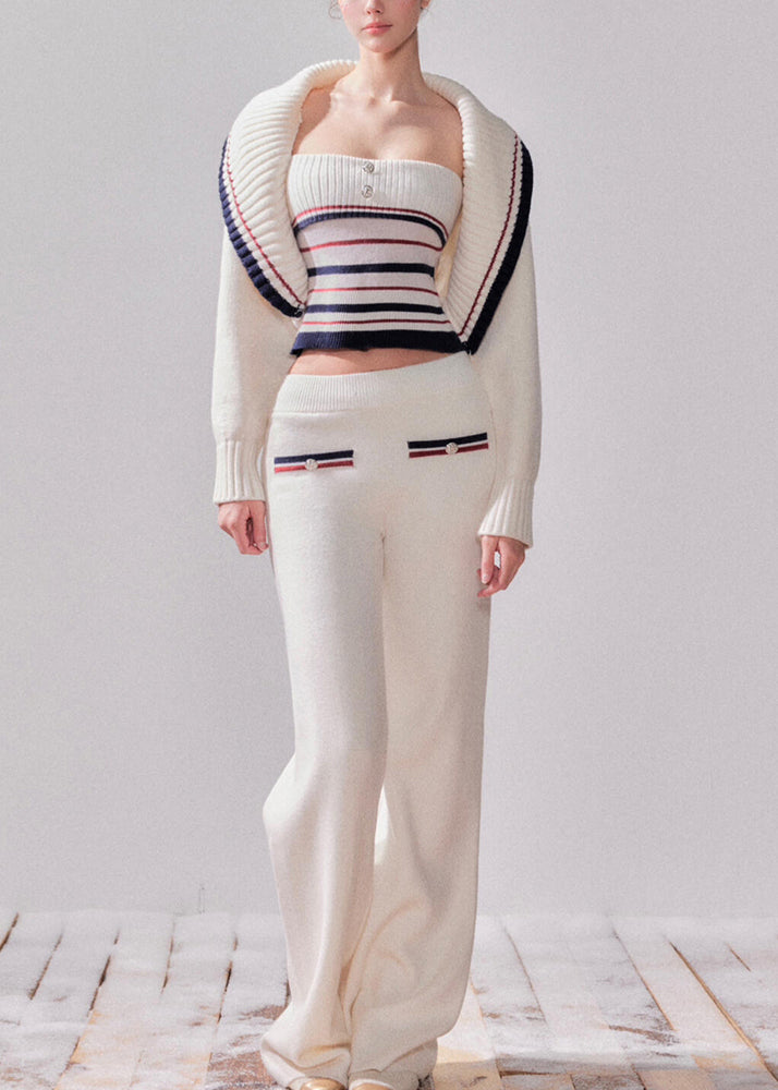 Novelty White Striped Patchwork Cotton Knit Cardigans, Top and Straight Pantstwo Pieces Sets Spring