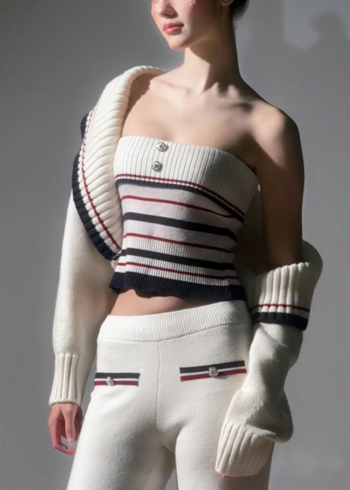 Novelty White Striped Patchwork Cotton Knit Cardigans, Top and Straight Pantstwo Pieces Sets Spring