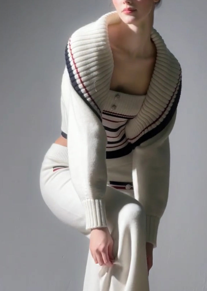 Novelty White Striped Patchwork Cotton Knit Cardigans, Top and Straight Pantstwo Pieces Sets Spring