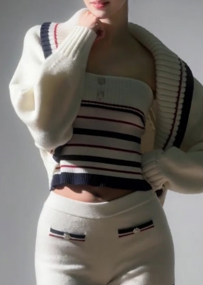 Novelty White Striped Patchwork Cotton Knit Cardigans, Top and Straight Pantstwo Pieces Sets Spring