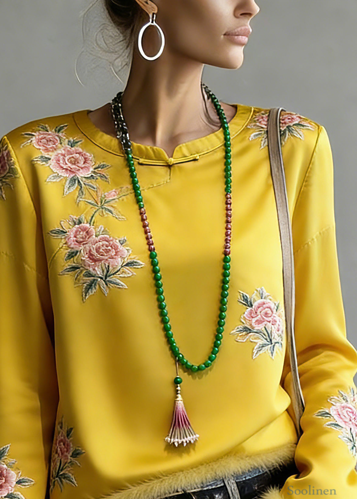 Novelty Yellow Embroidered Patchwork Silk Cotton Tops Spring