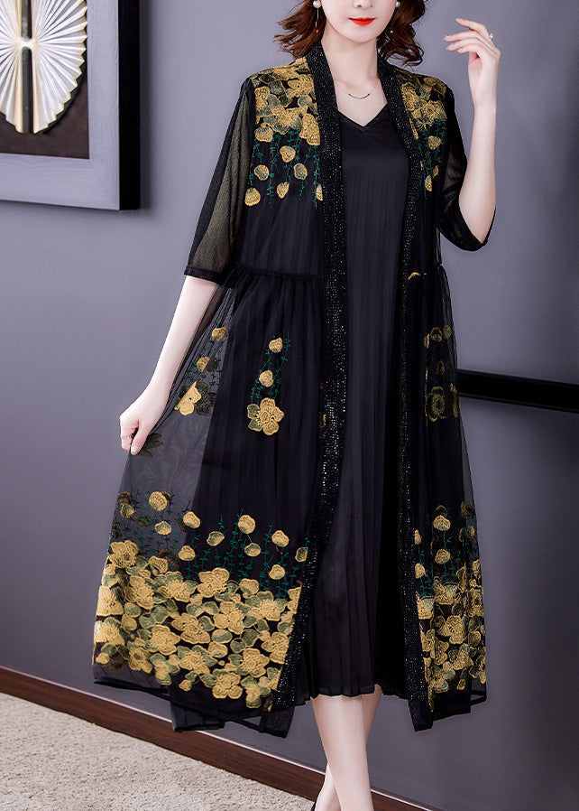 Novelty Yellow Embroideried Tulle Maxi Sunscreen Cardigan Short Sleeve