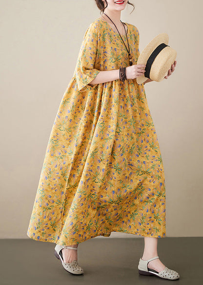 Novelty Yellow O-neck Print Patchwork Cozy Cotton Maxi Dress Summer
