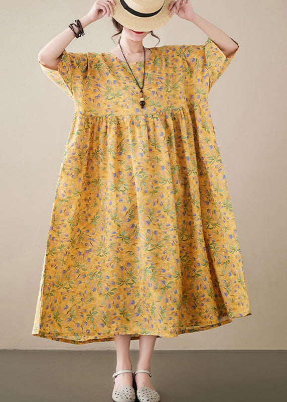 Novelty Yellow O-neck Print Patchwork Cozy Cotton Maxi Dress Summer