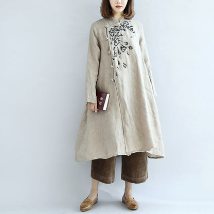 Nude Embroidered Linen Dresses Oversized Caftans Linen Gown Long Dress