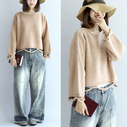 Nude Short Knit Sweaters Drop Hem Oversized Pullover Sweater Tops