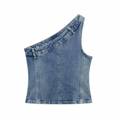 Blue One Shoulder Denim Tank Sleeveless