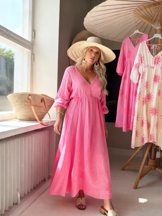 Stylish Pink Pockets Patchwork Chiffon Dress Summer