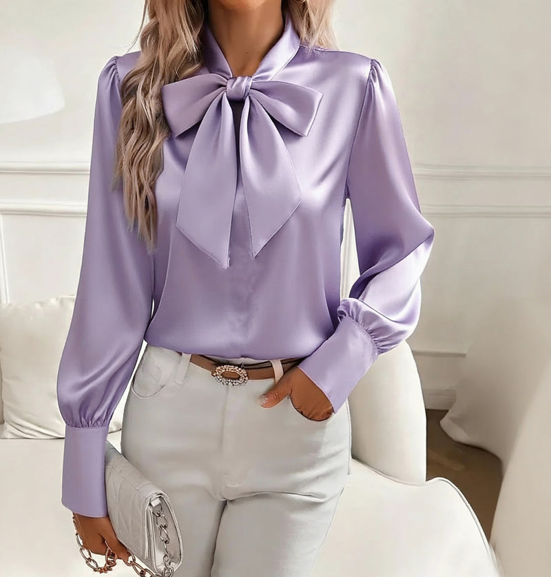 Slim Fit Purple Lace Up Silk Blouses Fall