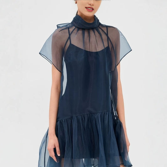 French Blue O Neck Patchwork Silk Two Piece Set Lantern Sleeve