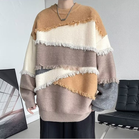 Italian Colorblock O Neck Tasseled Patchwork Knit Sweaters Top Fall